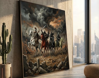 Apocalyptic Four Horsemen Canvas Wall Art, Dark Fantasy Battle Scene, Medieval Warrior and Grim Reapers, Dramatic Stormy Landscape Painting,