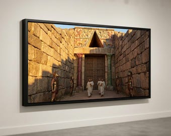Antikes mykenisches Löwentor, Leinwandbild historischer Architektur, Wandbild mit Bronzekriegerstatue, Reliefs mythischer Tiere, mediterranes Erbe