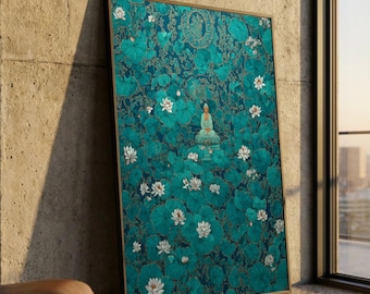 Ruhiger Buddha inmitten von Lotus Teich Leinwand, Zen Meditation Wandkunst, asiatische spirituelle Dekoration, blau grün botanische Leinwand, friedliches Zuhause