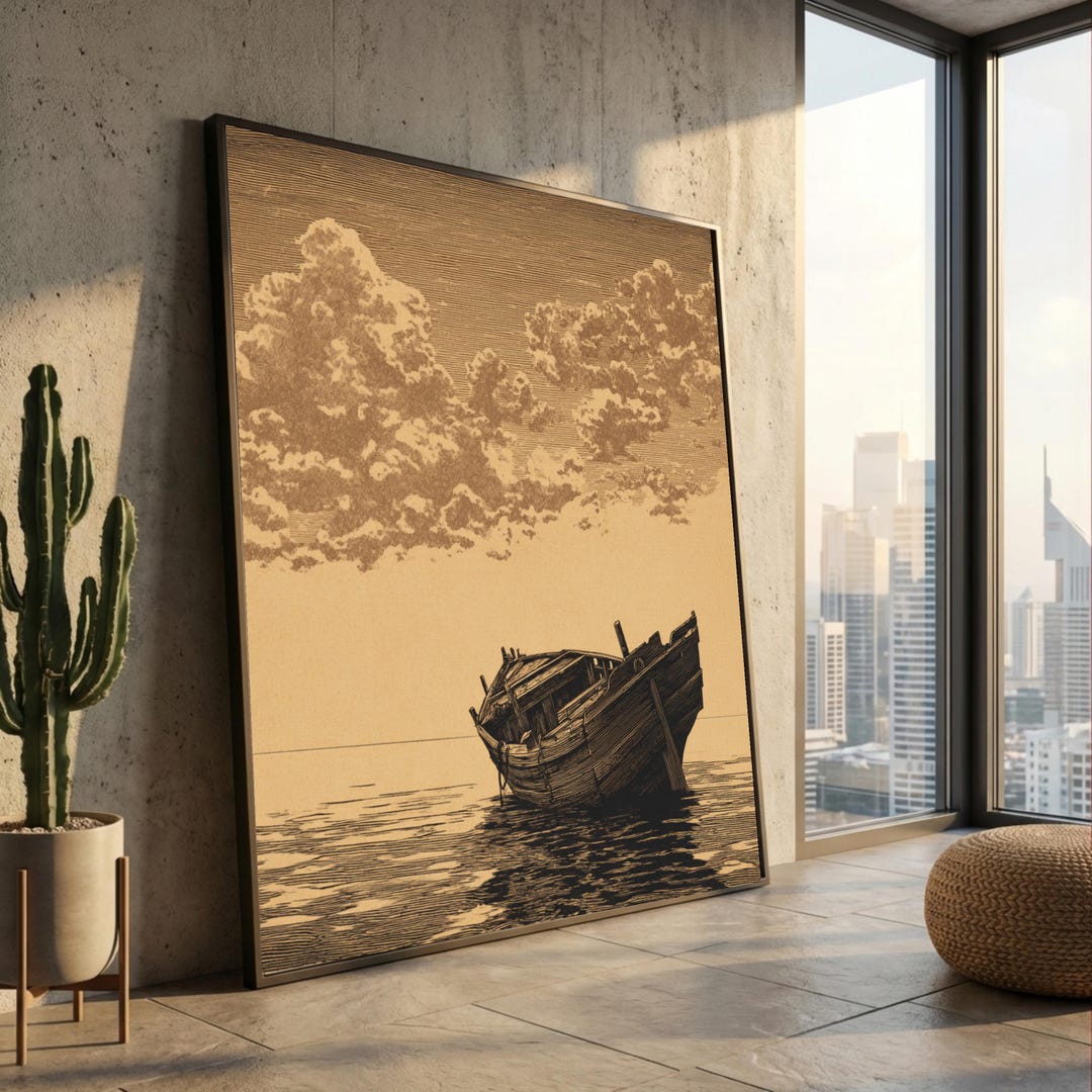 Vintage Wooden Boat on Calm Water Canvas, Nautical Wall Art, Sepia ...