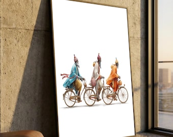 Drei weise Männer auf Vintage Fahrräder Leinwand, bunte ethnische Wandkunst, spirituelle Reise Illustration, indische Kultur Leinwand, Wohnkultur
