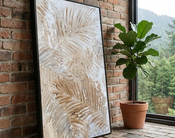 Lienzo texturizado con hojas de palma, decoración tropical en beige neutro