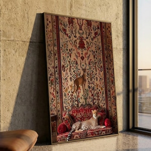 Exotic Wildlife Canvas Wall Art, Cheetah Relaxing on Vintage Red Sofa, Deer and Floral Tapestry Background, Safari Animal Decor, Luxury Home