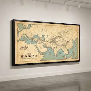 Canvas De zijderoute oude handelsroutes, vintage wereldkaart muurkunst, historische reisdecoratie, canvas in antieke stijl thuis