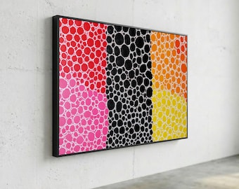 Colorful Polka Dot Canvas Wall Art, Abstract Circle Pattern Painting, Pink Red Yellow Orange Modern Home Decor, Black and White Contrast