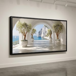 Mediterranean Coastal View, Olive Trees in Marble Pots Canvas, Arched Terrace Wall Art, Seaside Landscape Canvas, Bright Scenic Home Decor