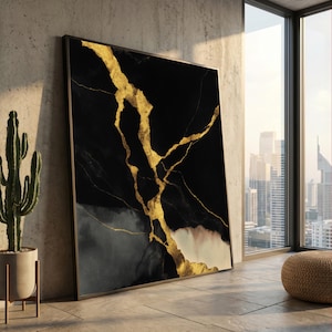 Kintsugi-kunstdoek, gouden craquelé muurdecor, Japanse reparatietechniek, zwart abstract canvas, elegante moderne muurkunst, huisdecoratie