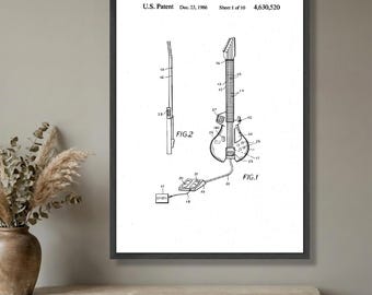 Lámina con patente de guitarra eléctrica vintage, lienzo con plano de 1986, arte mural de instrumentos musicales, decoración musical retro, lienzo para estudio