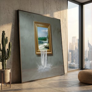 Surrealistische waterval canvas muurkunst, natuurlandschap met stromend water, 3D-effect oceaanscène, uniek interieur, klaar om op te hangen canvas