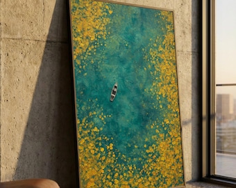 Lugn sjöscen, roddbåt på vatten-canvas, abstrakt naturväggkonst, blå och gul blommig canvas, lugn heminredning, redo att hängas upp