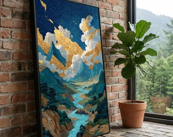 Majestätisk bergsflod-canvas, blå och guldfärgad landskapsväggkonst, texturerad naturmålning, abstrakt scenisk canvasdekor, redo att hängas