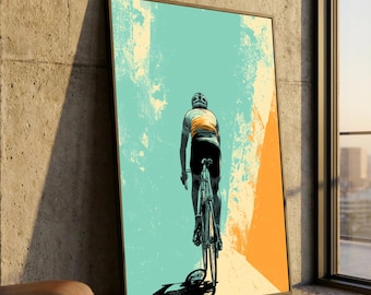 Vintage Radfahrer Reitkunst, Retro Fahrrad Leinwand Wandkunst, sportliche Dekoration, aktiver Lebensstil Druck, moderner abstrakter Hintergrund