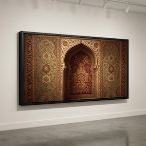 May include: A rectangular wall art piece in a black frame featuring a central arched alcove design. The artwork displays intricate floral patterns in shades of deep red, muted green, and gold, with a symmetrical layout and ornate borders.