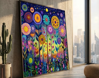 Lebendige abstrakte Blumen Leinwand, bunte Blumenwandkunst, modernes Gartendesign, helle Gartenleinwand, wunderliche Innendekoration