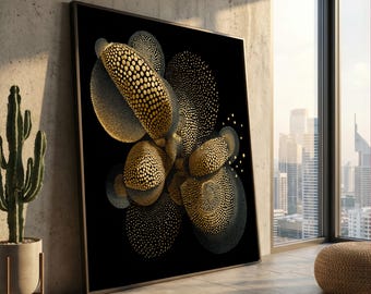 Abstract Gold Dot Pattern Canvas, Modern Geometric Wall Art, Black and Gold Home Decor, Contemporary Canvas Decoration, Ready to Hang