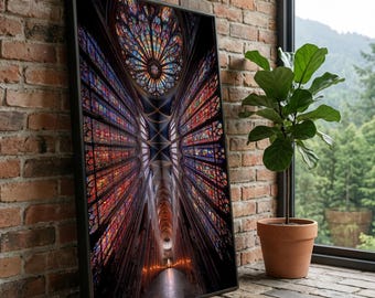 Lienzo del interior de una catedral gótica, arte de vidrieras, arte mural de arquitectura religiosa, decoración espiritual para el hogar, lienzo colorido de iglesia