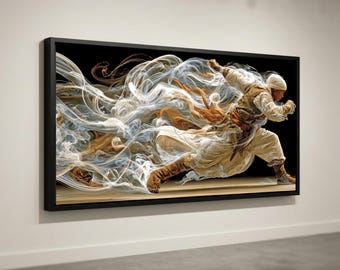 Dynamisk krigare i rörelse canvas, energisk kampsport väggkonst, flödande rökeffekt, actionsport canvas, heminredningsmålning