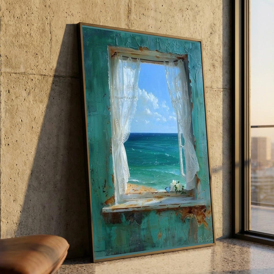 Vintage Rustic Window View Canvas, Ocean Beach Scene Wall Art, Lace ...