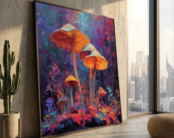 Lebendige Pilzwald Leinwand, Abstrakte Natur Wandkunst, Bunte Pilze Malerei, Fantasy Wald Dekor, Herbst Botanische Leinwand