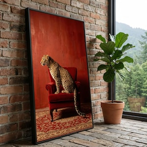 May include: A framed art print showing a leopard on a red velvet chair. The leopard's coat is spotted, and the background is red. The print is leaning against a brick wall, with a potted plant in view.