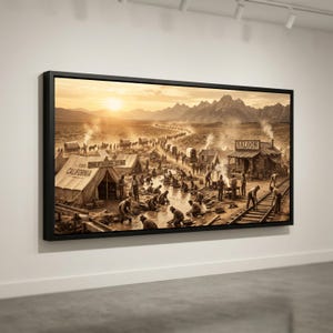Op de afbeelding: Een sepia-getinte ingelijste prent die een historische scène van de California Gold Rush toont. De afbeelding toont mijnwerkers die naar goud pannen, tenten, een saloon en een lange rij mensen en wagens die richting de bergen gaan. De tekst "STATE OF CALIFORNIA" is zichtbaar.