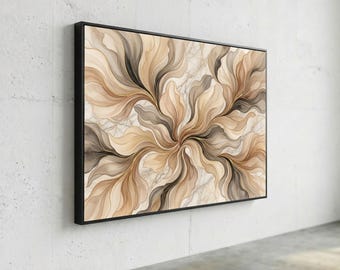 Elegante lienzo abstracto fluido, arte de pared en tonos neutros, diseño floral con detalles dorados, lienzo con textura de mármol, decoración moderna para el hogar.