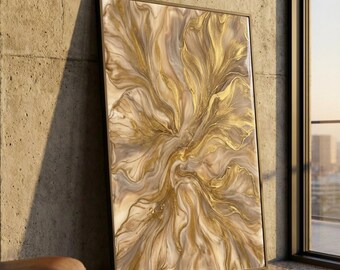 Elegante abstracto floral dorado, lienzo con hojas metálicas, arte de pared de lujo, decoración moderna para el hogar, sofisticada pintura sobre lienzo.