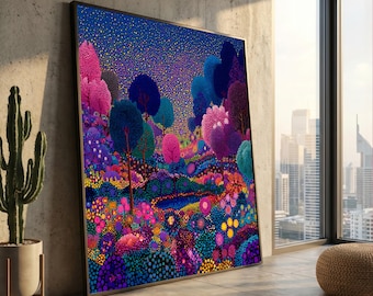 Vibrant Dot Landscape Canvas, Colorful Abstract Forest Art, Fantasy Nature Scene, Modern Pointillism Wall Art, Home Decor Canvas