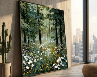 Verzauberte Waldwiese Leinwand, Wildblumen Feld Wandkunst, Botanische Natur Malerei, Blumen Leinwand Dekor, ruhige Waldlandschaft Kunst