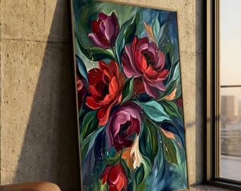 Lienzo con vibrante ramo floral, arte abstracto de peonías para pared, pintura de flores coloridas, impresión botánica en lienzo, decoración para el hogar lista para colgar.