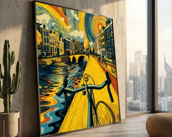 Lebendige Amsterdamer Gracht Blick, Fahrrad Perspektive Leinwand, Urban Landschaft Wand Kunst, moderne Stadtbild Malerei, Home Dekoration Leinwand
