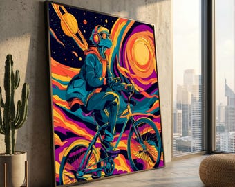 Kosmische Frosch Reiter, Lebendige Fahrrad Leinwand, Psychedelische Weltraum Wand Kunst, Moderne Urban Pop Art, Bunte Dekoration