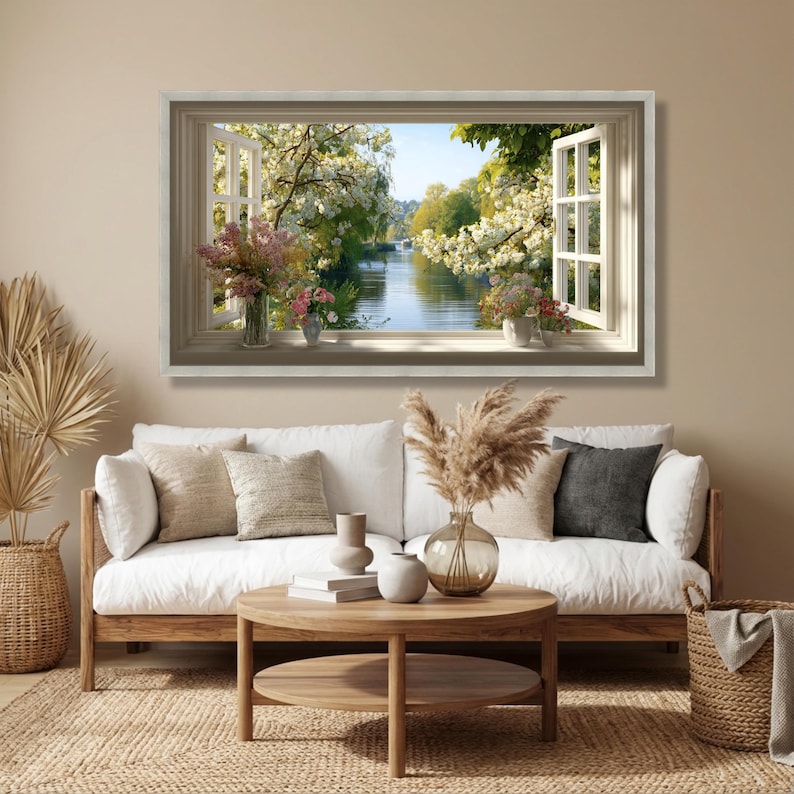 Spring Window View Real Open Window View Canvas, Spring Blossom Trees, River Landscape Wall Art ...