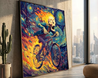 Feurige Schädel Rider Leinwand, flammendes Skelett Fahrrad Kunst, surrealer Nachthimmel Leinwand, moderne Pop Art Wanddekor, lebendige Dekoration