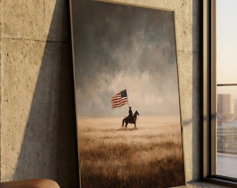 Patriotic Cowboy on Horseback Canvas, American Flag Wall Art, Western Landscape Painting, Rustic Country Decor, Canvas Wall Art for Home