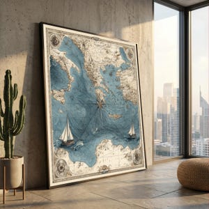 Puede incluir: Mapa náutico vintage enmarcado que muestra una región costera detallada, con aguas azules y masas terrestres en tonos marrones y beige. El mapa incluye rosas de los vientos, veleros y detalles cartográficos intrincados.