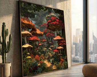 Verzauberter Waldweg, riesige rote Pilze Leinwand, Fantasy Natur Wandkunst, mystische Waldszene, Märchen-Hausdekoration