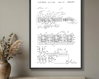 Lienzo decorativo de pared con plano de patente de guitarra eléctrica, diagrama de instrumento vintage, decoración musical, impresión de patente retro, diseño de arte de pared, listo para usar.
