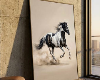Lienzo con un majestuoso caballo pinto blanco y negro corriendo, arte mural ecuestre dinámico, lienzo de naturaleza animal, decoración para el hogar de los amantes de los caballos.
