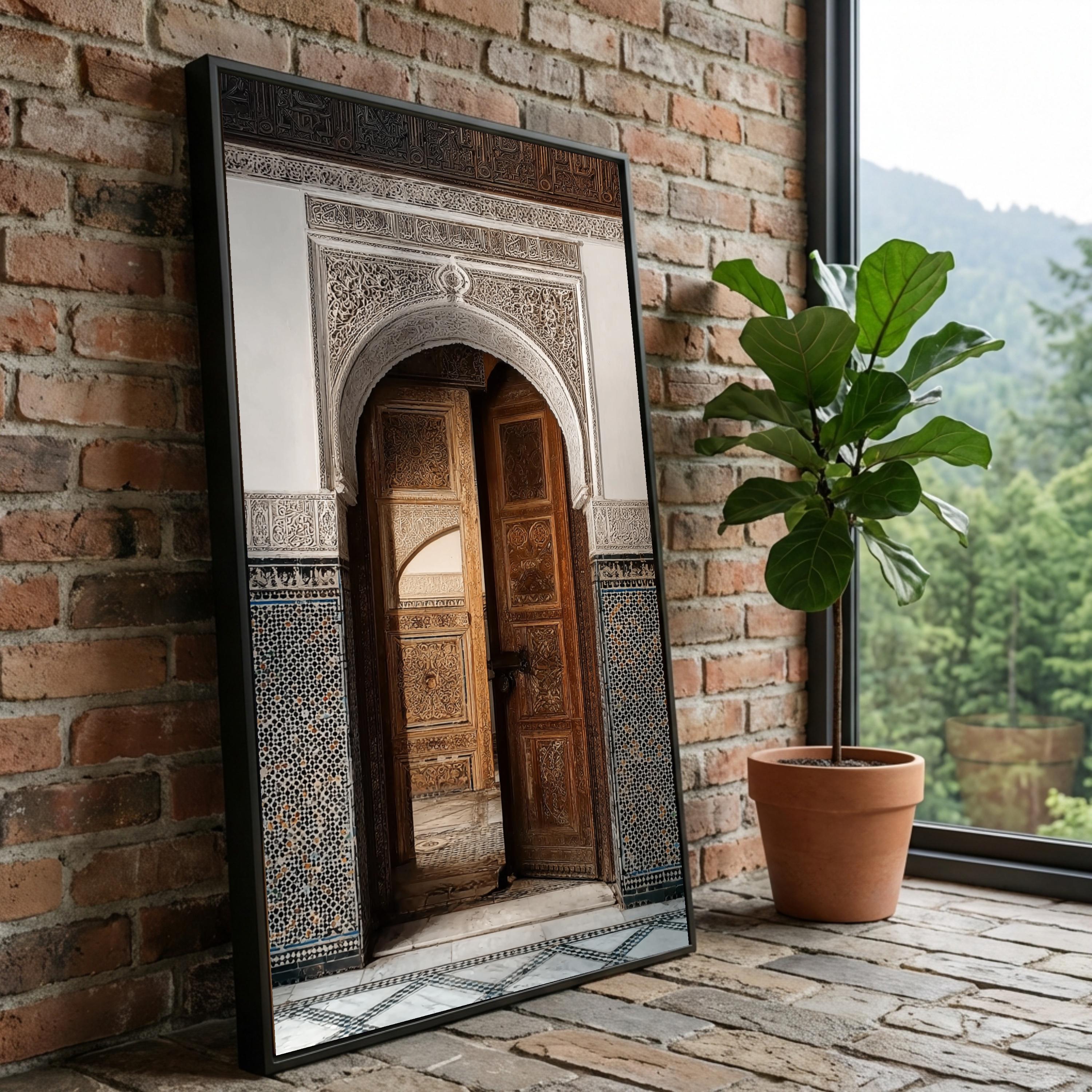 Ornate Moroccan Archway Canvas, Traditional Wooden Door Wall Art