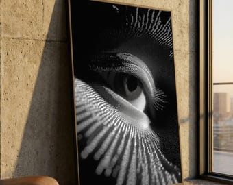 Lienzo abstracto con ojo humano, arte digital de partículas, arte mural moderno en blanco y negro, decoración de retrato surrealista, lienzo contemporáneo para el hogar.