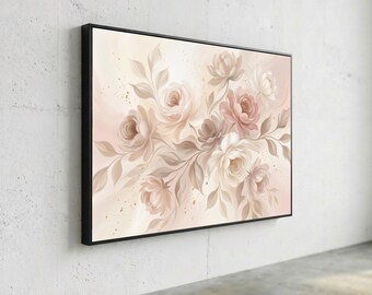 Elegante lienzo floral en tonos rosados, arte mural de rosas en suaves tonos pastel, lienzo botánico neutro, estampado floral moderno, pintura para decoración del hogar.
