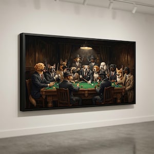 May include: A framed print shows a group of dogs in suits playing billiards. The dogs, of various breeds, are gathered around a green baize pool table in a dimly lit room. Some dogs are smoking cigars, adding to the sophisticated atmosphere.