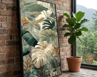 Cuadro decorativo de hojas tropicales en lienzo, estampado botánico, decoración vegetal en verde y beige, lienzo inspirado en la naturaleza, tapiz moderno para pared.