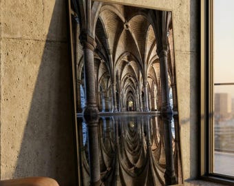 Lienzo de arquitectura de catedral gótica, arte mural con reflejo de arcos de piedra, lienzo de interior histórico, decoración de techo abovedado, elegante