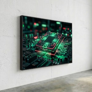 May include: A rectangular wall art print featuring a high-tech electronic circuit board with a central processor chip. The design displays glowing green and red light pathways and intricate metallic lines against a dark background.