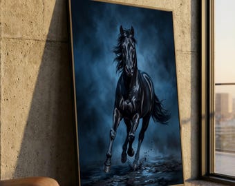 Lienzo con la imagen de un majestuoso caballo negro corriendo, arte mural ecuestre dinámico, poderoso retrato animal, lienzo de decoración moderna para el hogar, listo para colgar.
