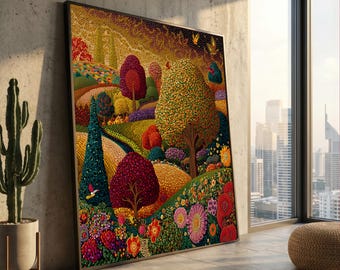 Vibrant Mosaic Landscape Canvas, Colorful Trees and Flowers Wall Art, Abstract Nature Scene, Bright Garden Canvas Decoration