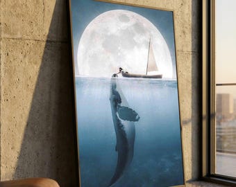 Surreal Mondnacht Ozean Leinwand, Wal und Segelboot Wand Kunst, Sea Life Leinwand Dekoration, Nautische Fantasy Kunstwerk für Zuhause