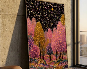 Enchanted Forest Night, Abstract Tree Canvas, Colorful Dot Art, Fantasy Landscape Wall Art, Vibrant Home Decoration
